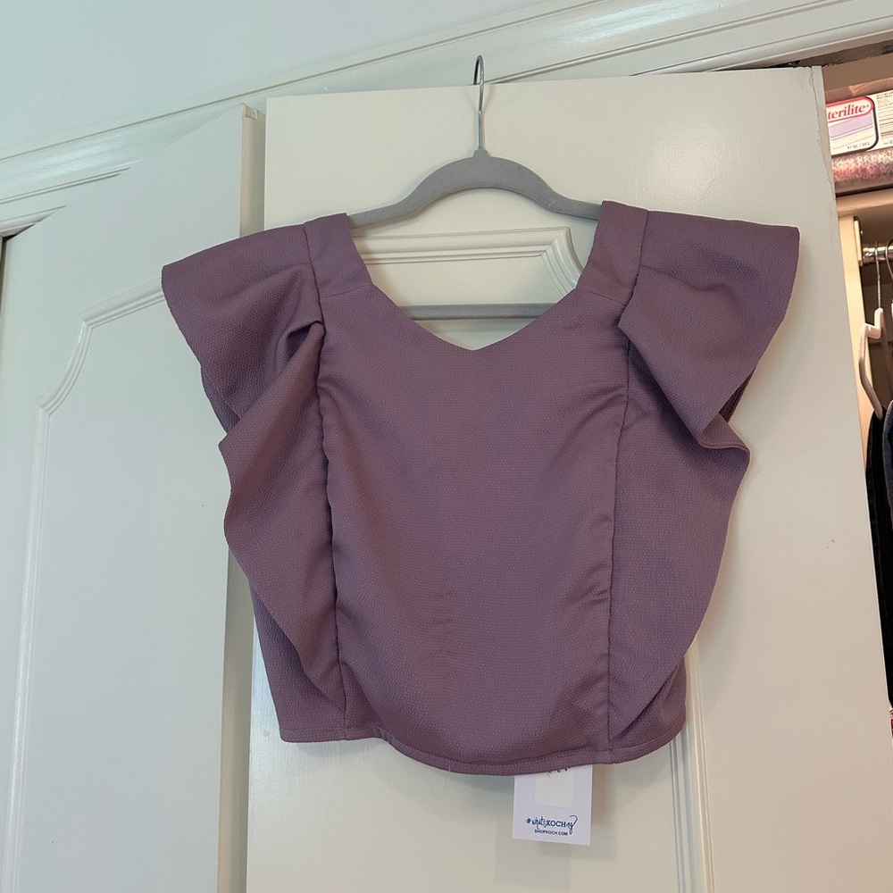 Purple Flutter Sleeve Crop Blouse